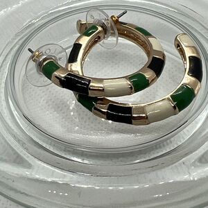 Loft Enamel Hoop Earrings Green White Black Gold Pierced Post Mardi Gras Party